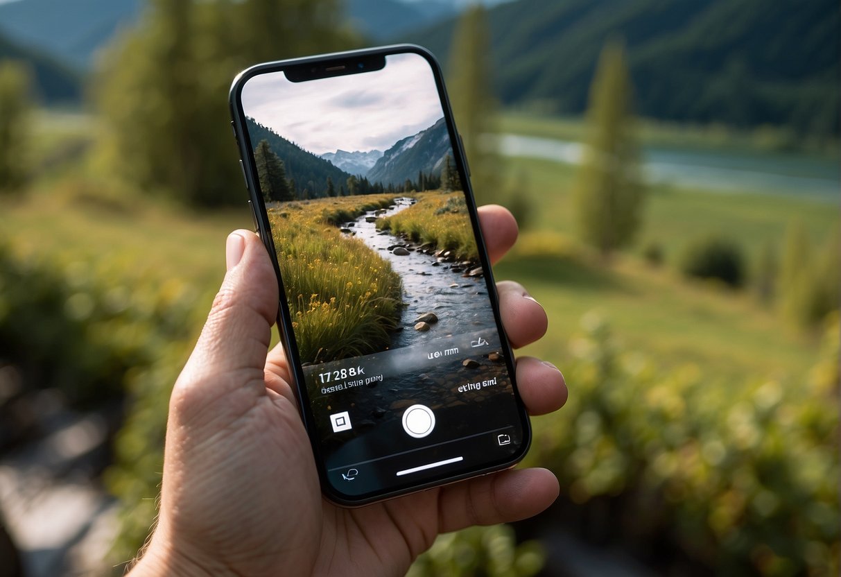 A person holding a mobile phone showing a live outdoor channel stream with nature scenes in the background