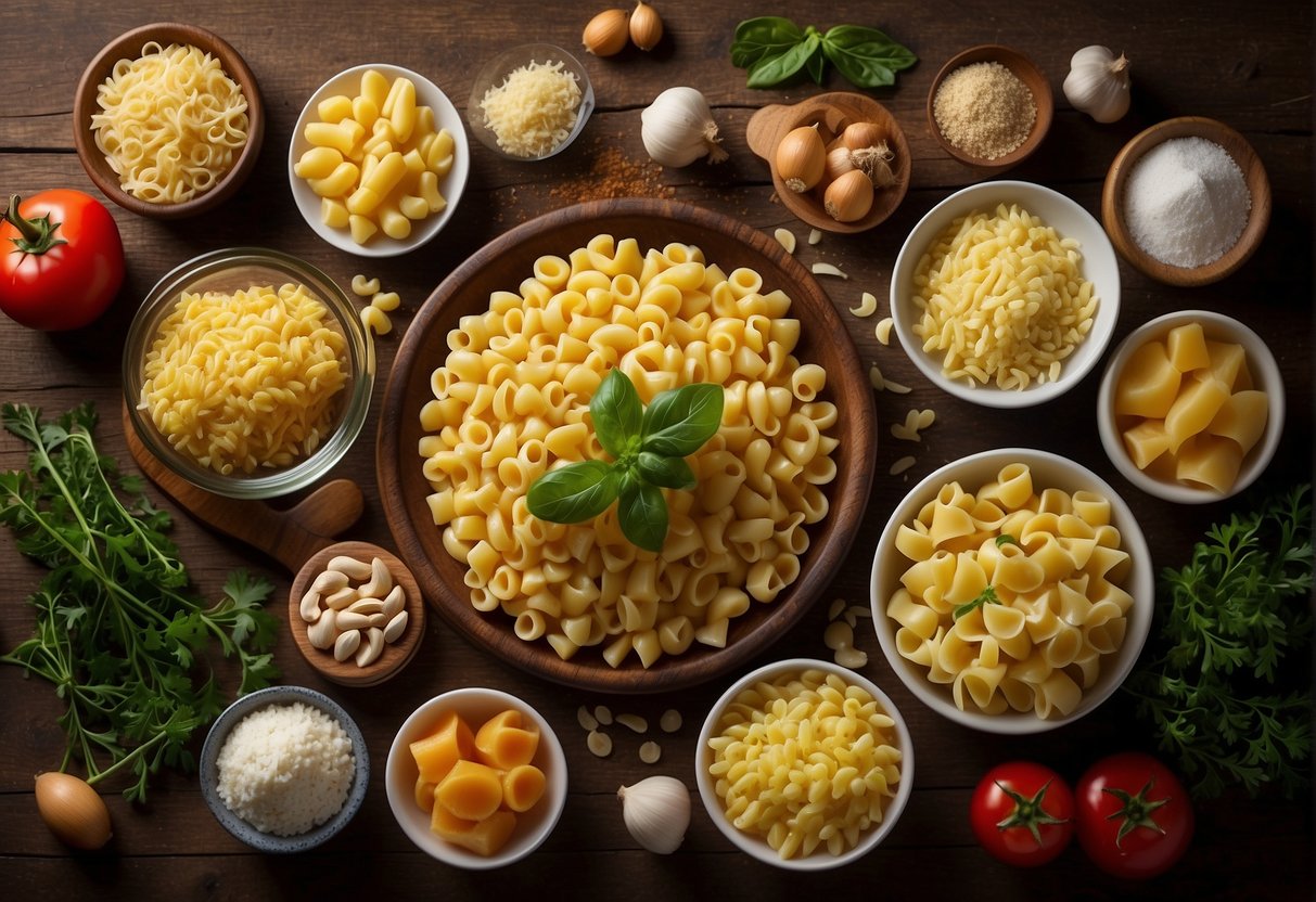 A table set with ingredients for seasonal macaroni recipes. On one side, fresh vegetables and herbs, on the other, various types of pasta