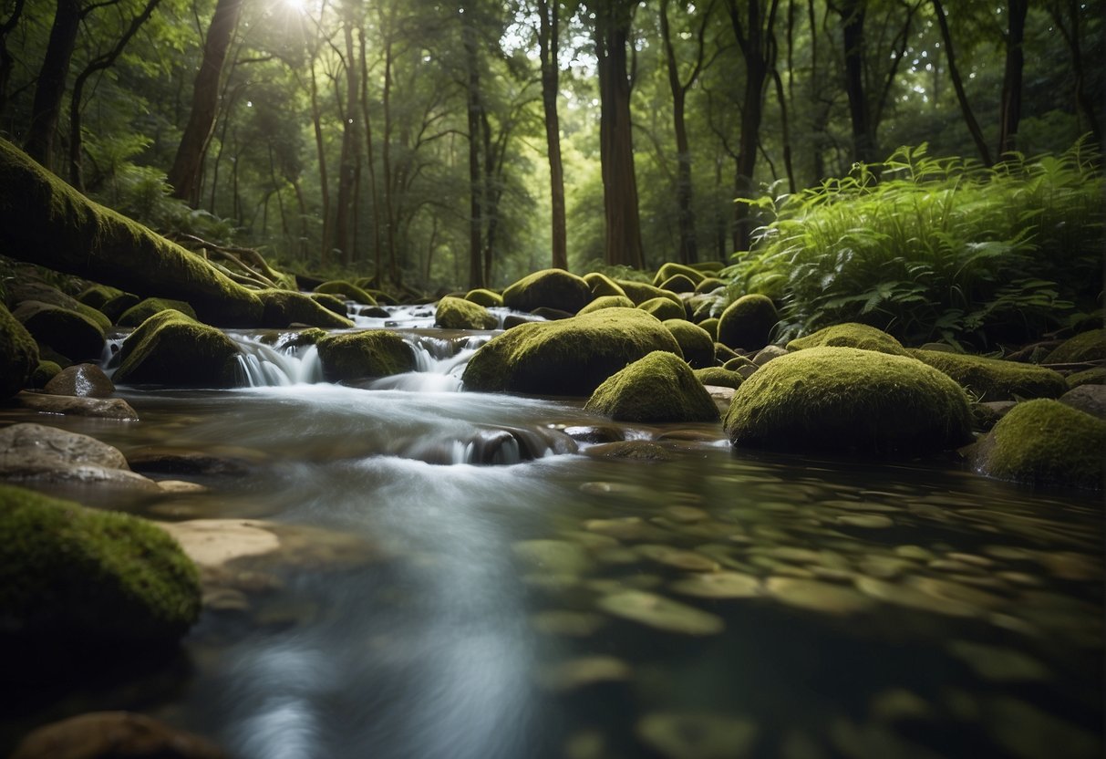 A clear stream flows through a lush outdoor setting, with a focus on the smooth and steady movement of the water