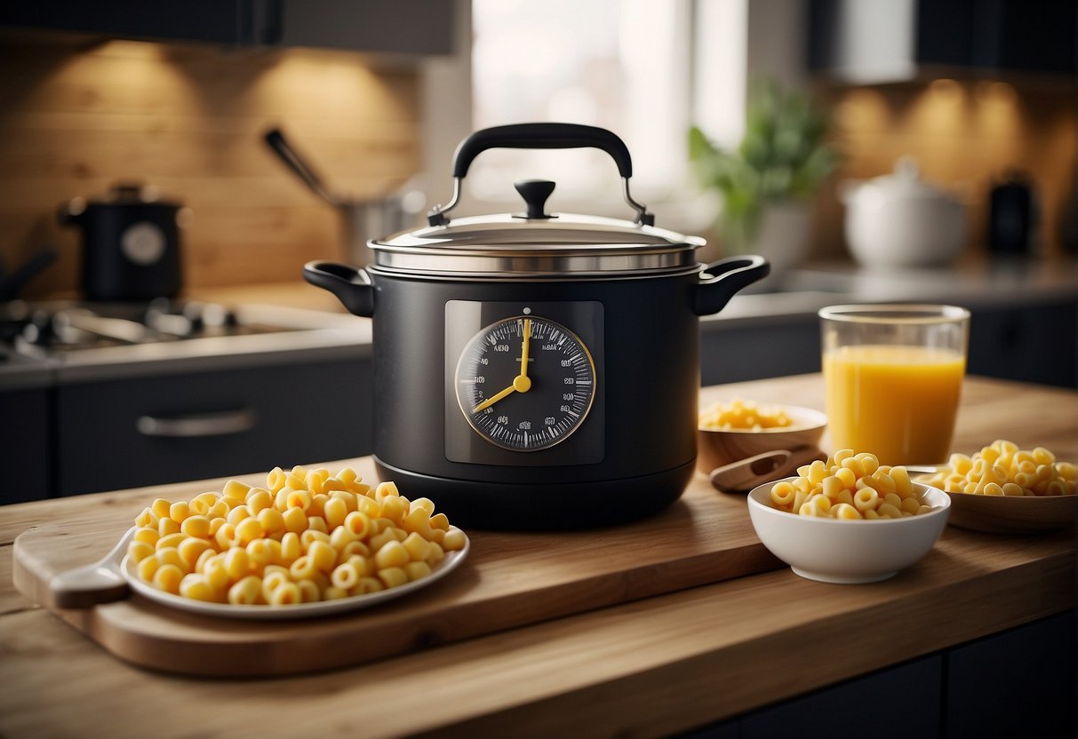 A pot of boiling water, a box of macaroni, a wooden spoon, and a timer set for 8 minutes on a kitchen counter