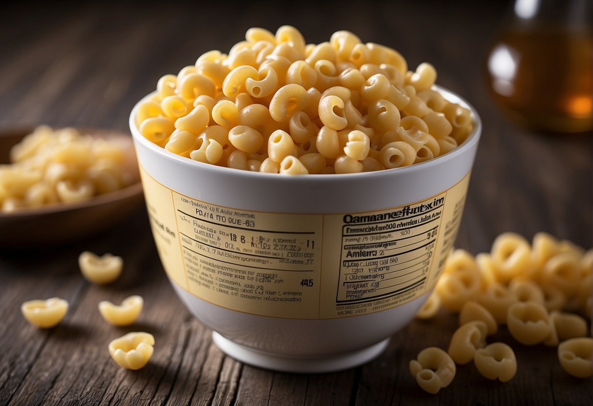 A bowl of macaroni with nutritional information and allergy details displayed on the packaging label
