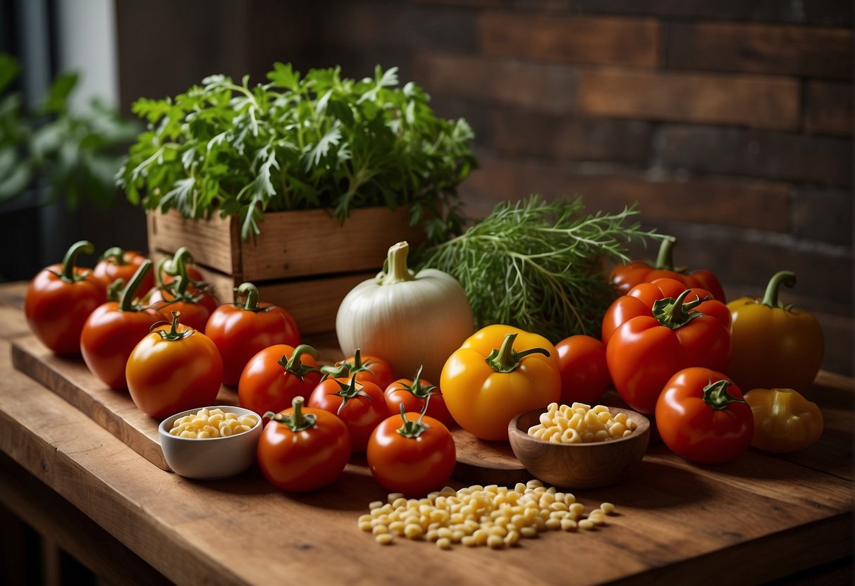 A colorful array of fresh ingredients: tomatoes, bell peppers, onions, and herbs, arranged on a wooden cutting board next to a box of macaroni