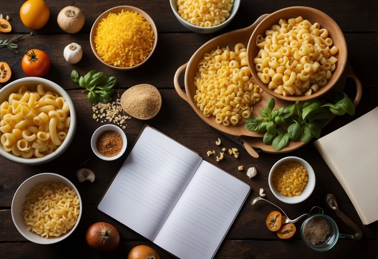 A table with a bowl of macaroni, surrounded by ingredients and cooking utensils. A laptop open to a webpage titled "Frequently Asked Questions recepten met macaroni" sits nearby