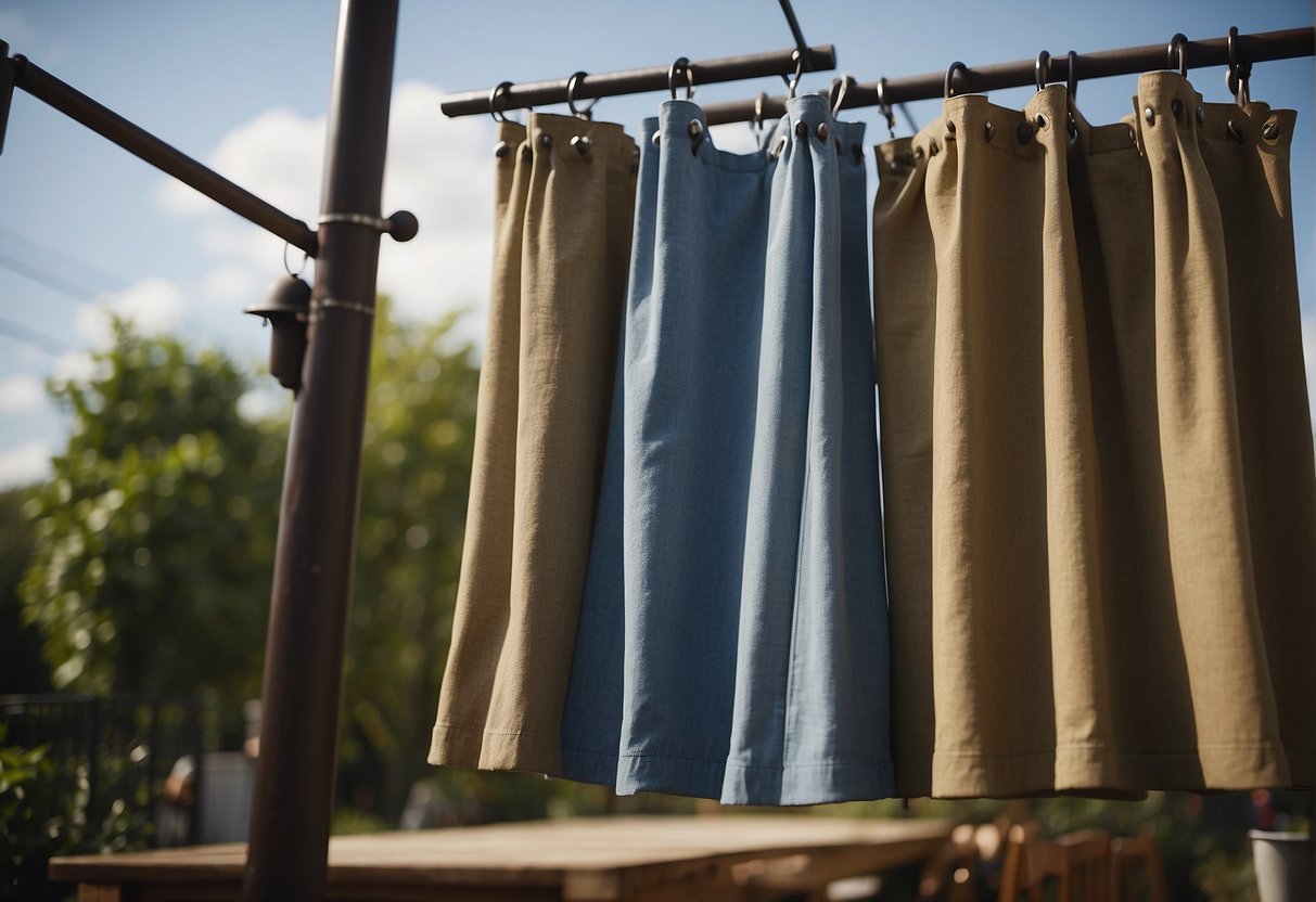 Outdoor curtains are being weighed down with heavy objects on each corner, ensuring they stay in place. The installation process is depicted with precision and clarity