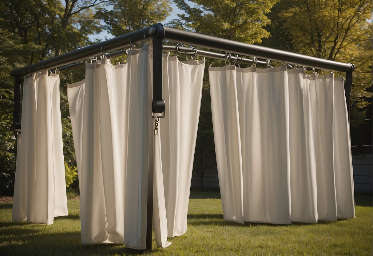 Outdoor curtains secured with weights on each corner, tied down with heavy-duty clips. Wind-resistant fabric flapping in the breeze