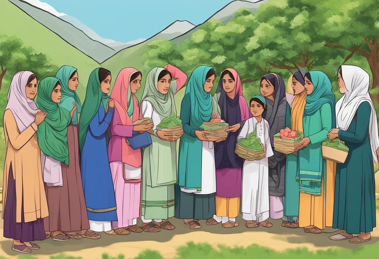 A group of women in KPK receive Rs. 10,500 and rashan subsidy from BISP Kafalat program, surrounded by mountains and greenery