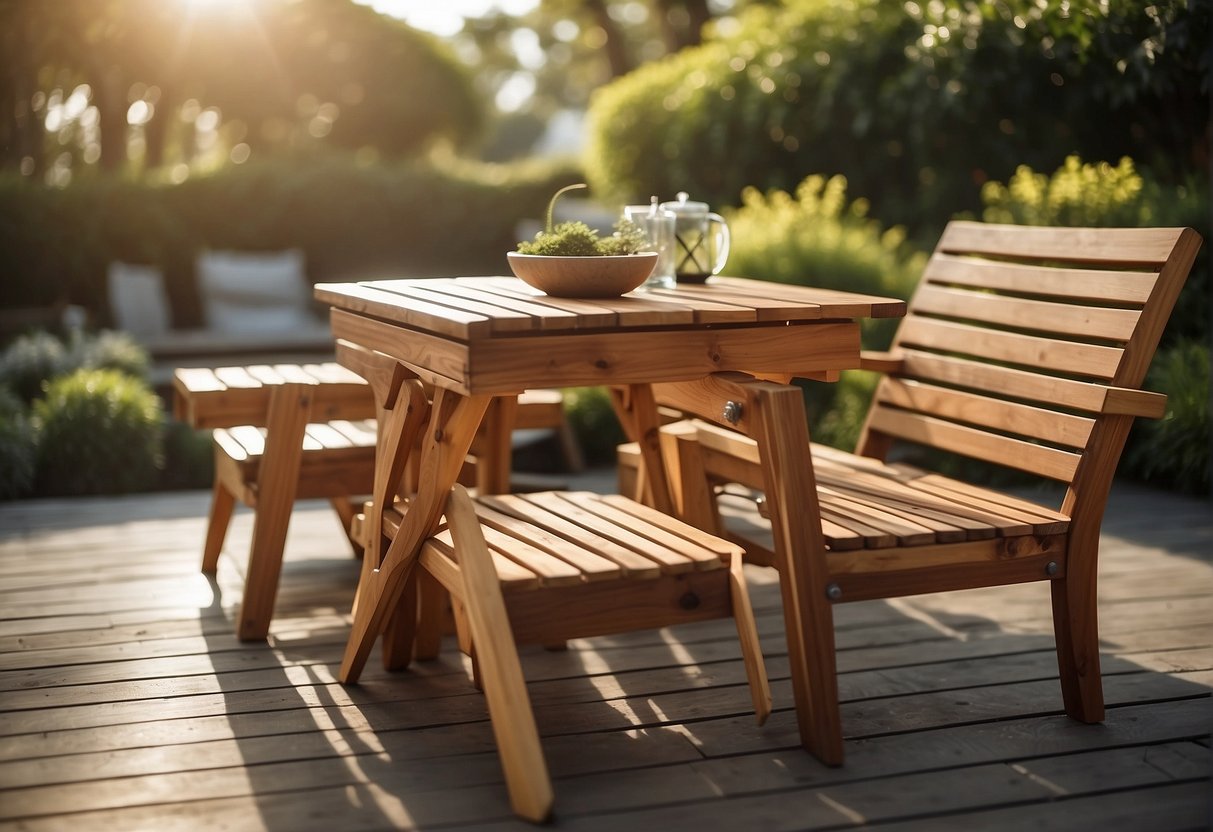 Acacia wood outdoor furniture stored under a weatherproof cover, away from direct sunlight and moisture, with occasional application of wood sealant for longevity