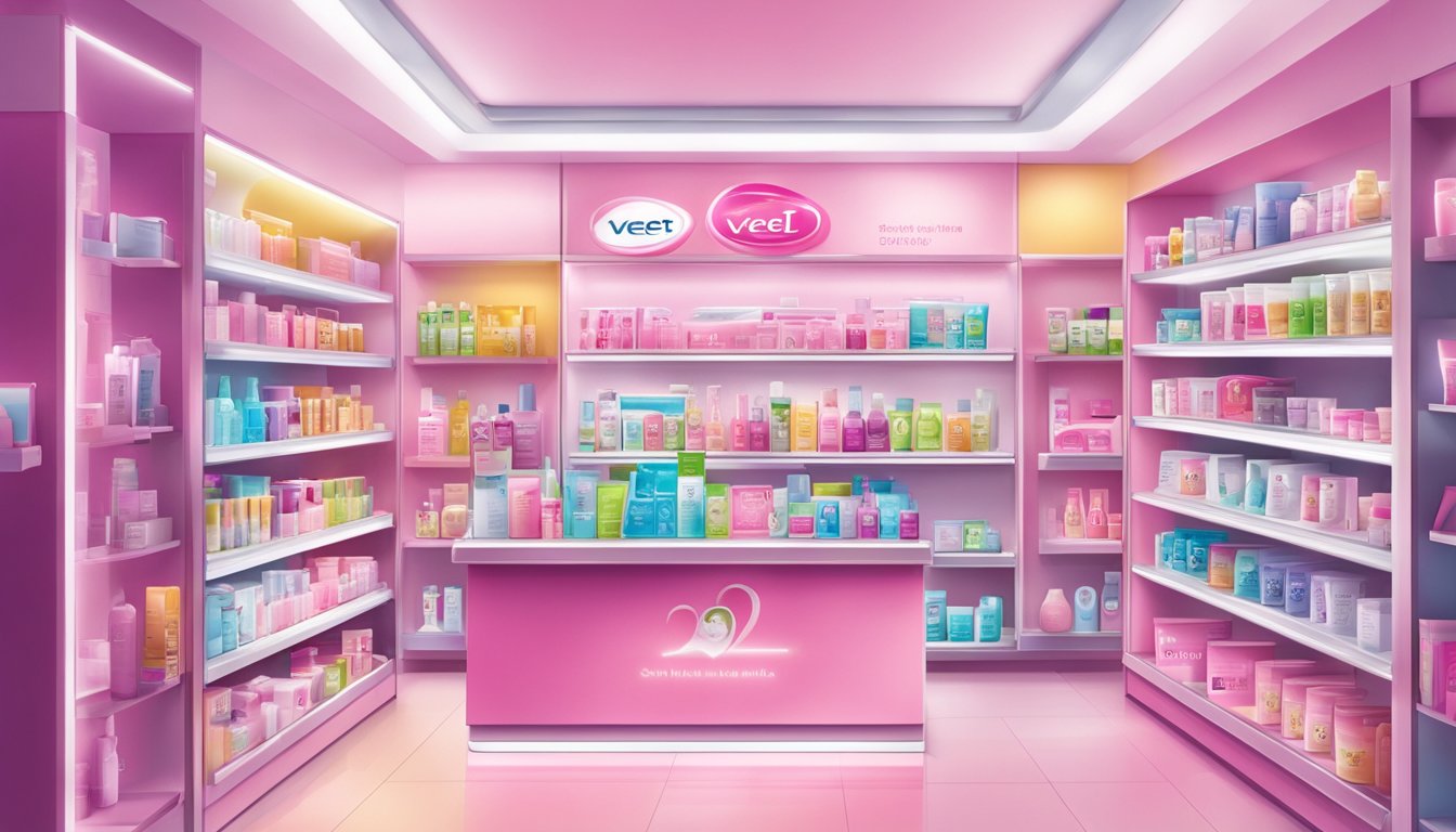 A bright, modern pharmacy in Singapore displays Veet hair removal products on a well-lit shelf