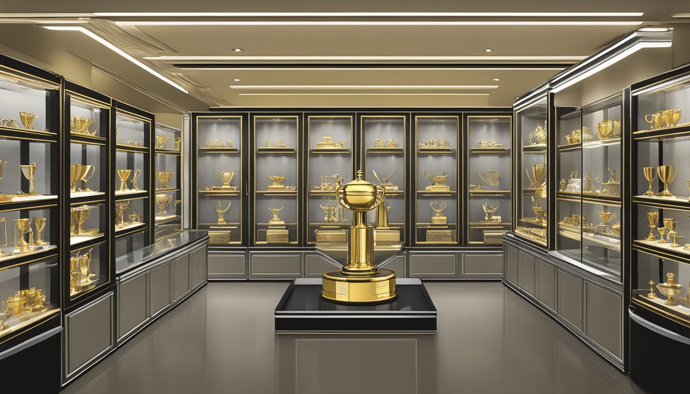 A display of gleaming trophies in a well-lit showcase at a Singaporean trophy shop. Various sizes and designs are on offer, reflecting the store's reputation for quality and variety