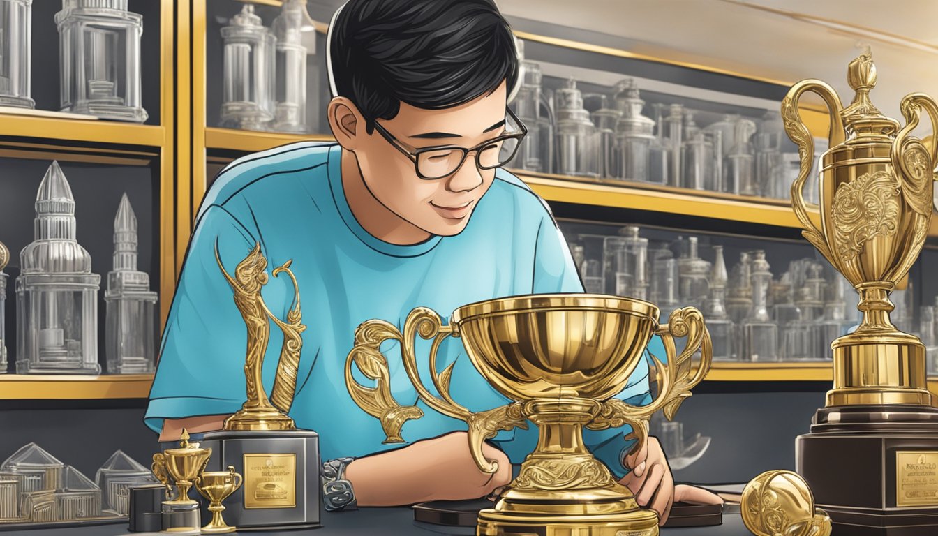 A customer engraves their name on a gleaming trophy at a Singapore trophy shop