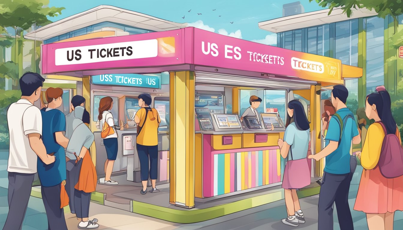A hand reaches out to a ticket booth with a sign "USS Tickets" in Singapore. The booth is surrounded by people and colorful signs