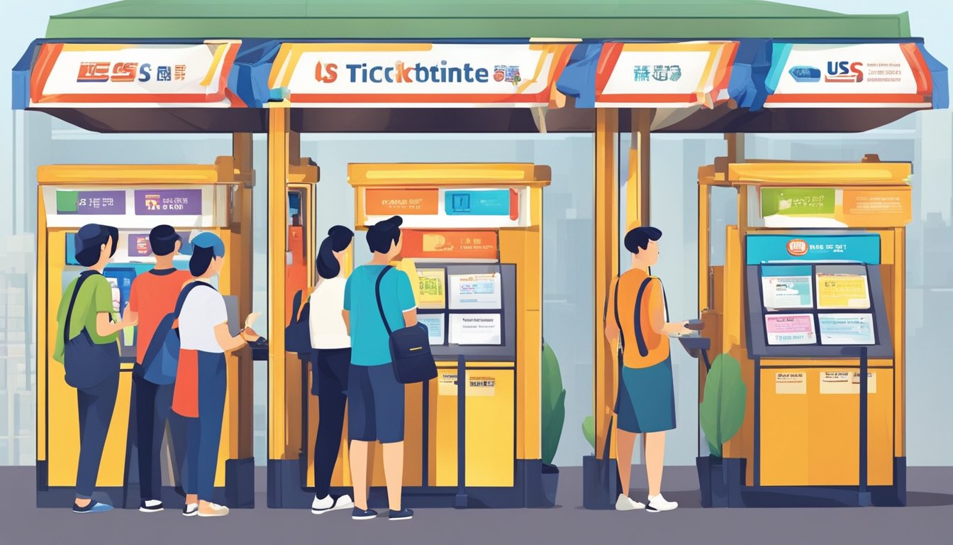 Guests queue at ticket booth, eager to buy USS tickets in Singapore. Bright signs and colorful banners attract attention. Staff assist customers with smiles