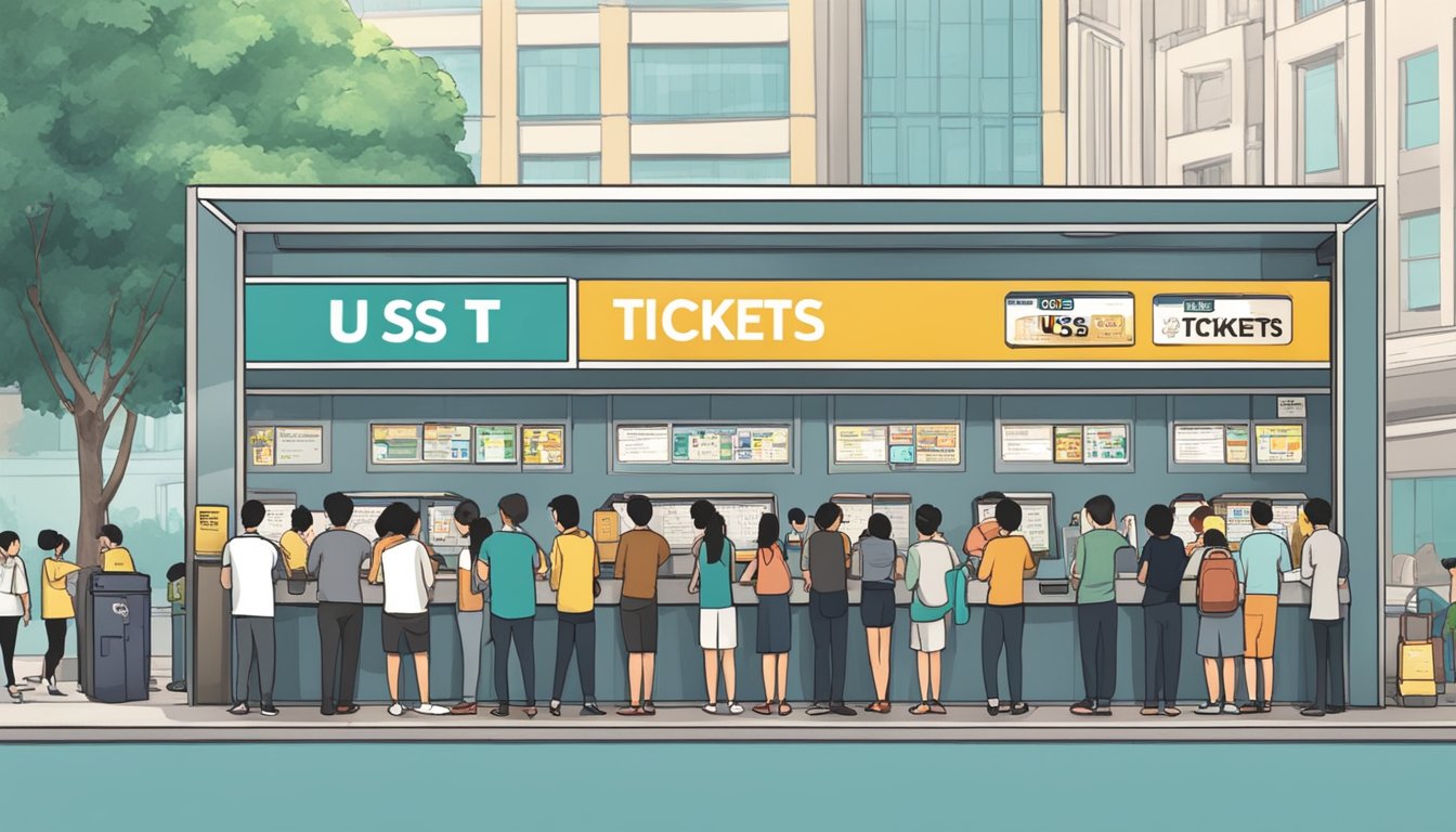 People lining up at a ticket booth in Singapore, with signs indicating "USS Tickets" and a busy atmosphere