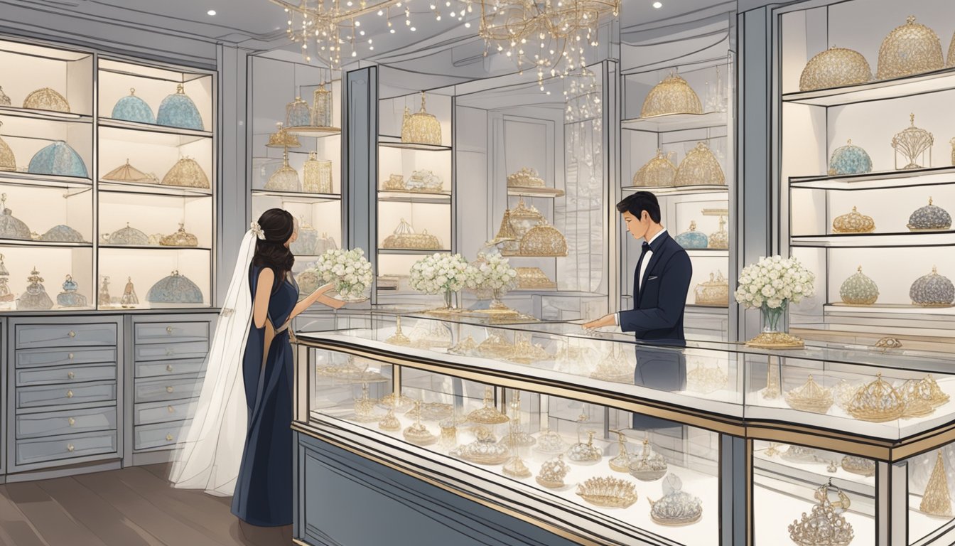 A couple browses through shelves of elegant wedding accessories in a boutique shop in Singapore. Sparkling tiaras, delicate veils, and intricate jewelry are displayed on polished glass counters