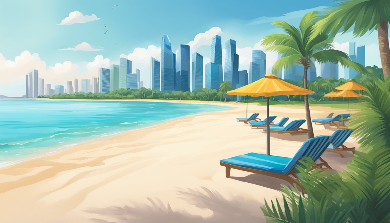 White sand beach in Singapore, clear blue waters, palm trees, and a vibrant skyline in the distance