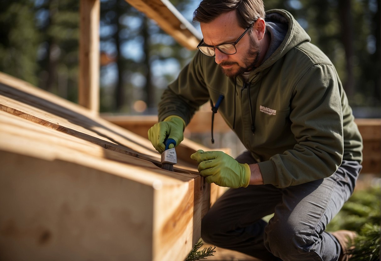 A person applies protective sealant to a douglas fir outdoor structure, using a brush to evenly coat the wood