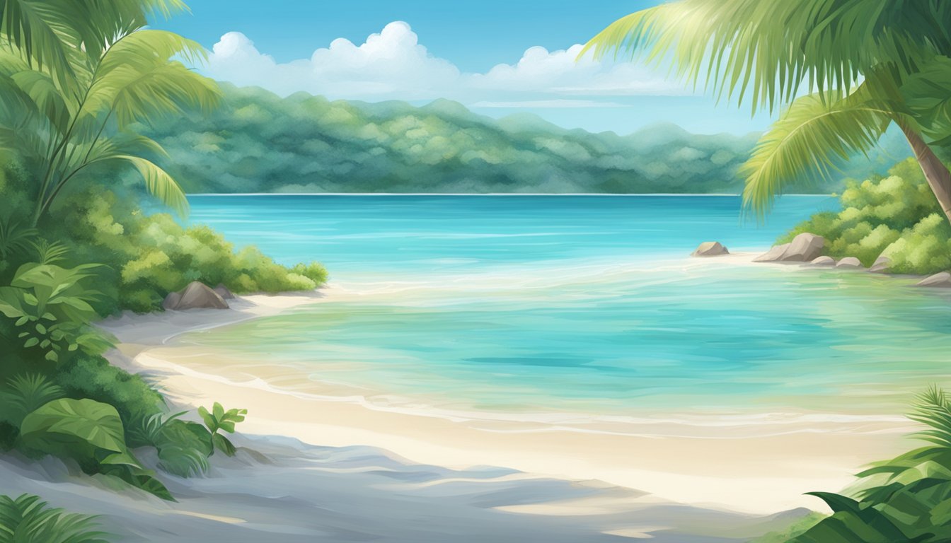 A serene beach with crystal clear waters, white sand stretching along the shore, and lush greenery in the background