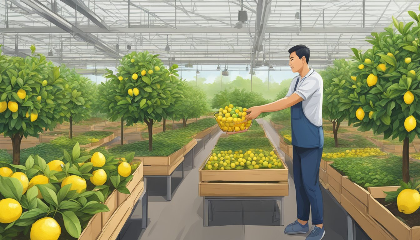 A person in a plant nursery in Singapore buys a lemon tree