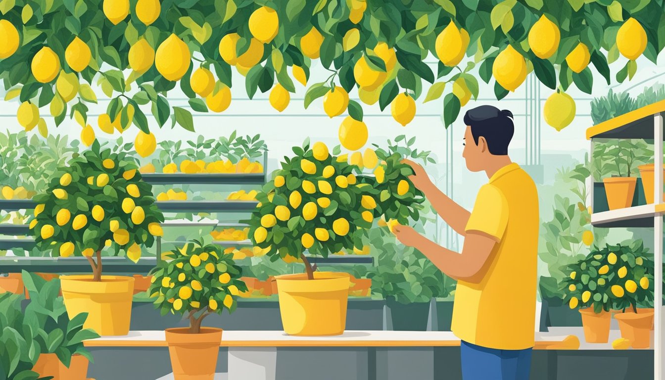 A person carefully selects a lemon tree from a variety of options at a garden center in Singapore. The vibrant green leaves and bright yellow fruits of the trees create a lively and inviting scene