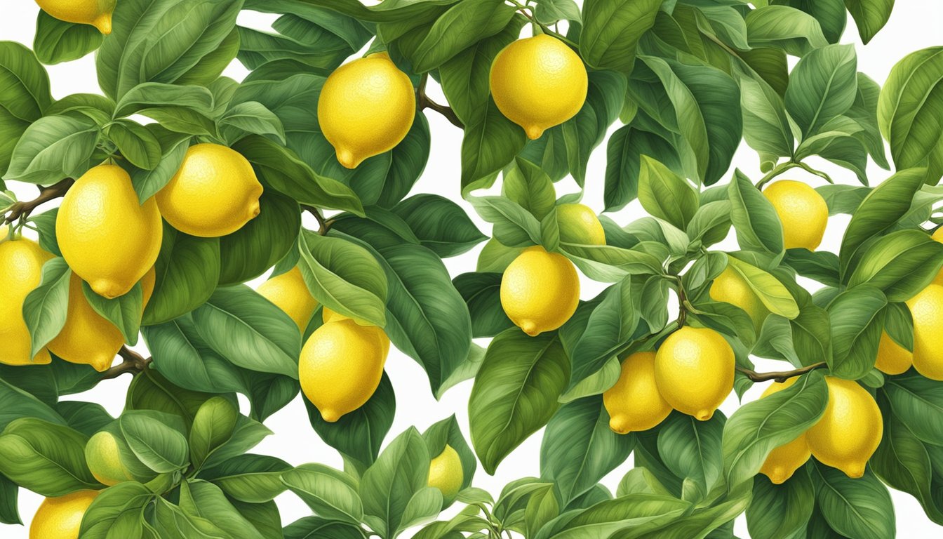 A vibrant lemon tree stands in a sunny garden, surrounded by lush green foliage. Ripe yellow lemons hang from the branches, ready to be plucked