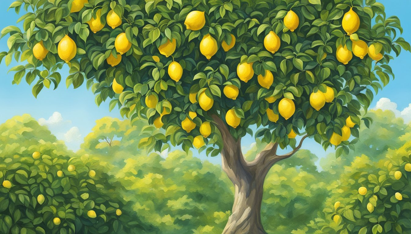 A vibrant lemon tree stands against a backdrop of lush green foliage, with ripe yellow lemons hanging from its branches. The tree is surrounded by a serene garden setting, with a clear blue sky overhead