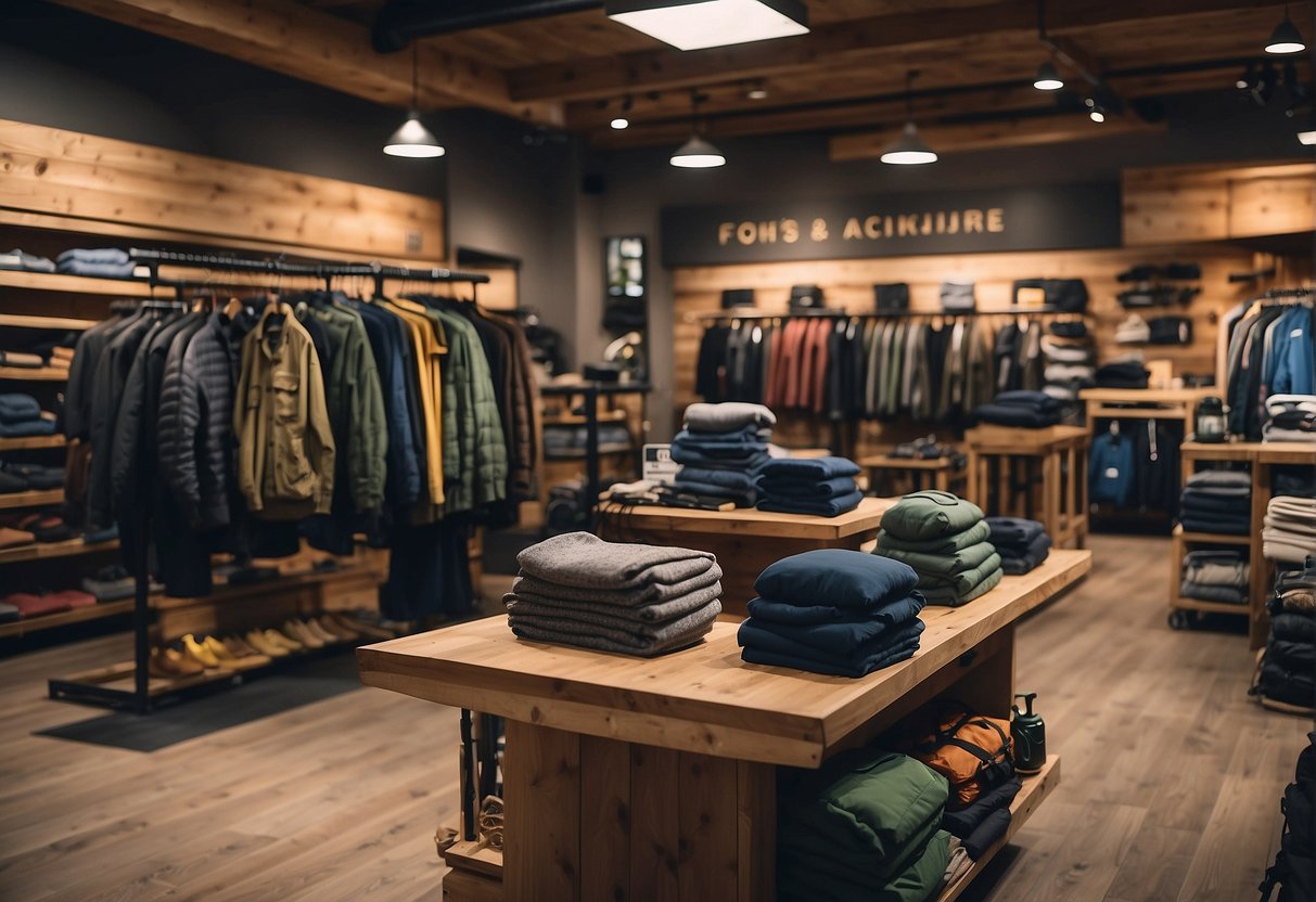 A mountainous landscape with hiking trails, camping gear, and outdoor apparel displayed in a store. A sign reads "Job Opportunities in Outdoor Gear and Apparel."