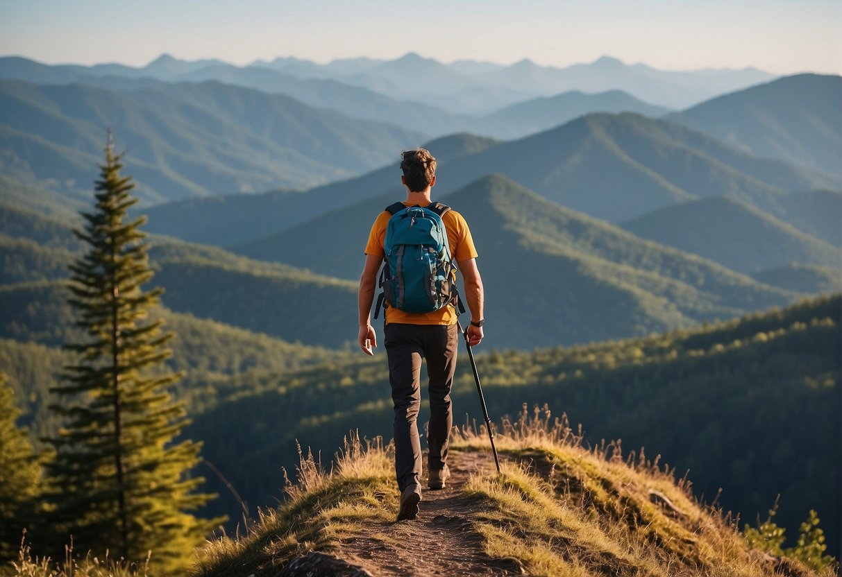 A person hiking in a scenic outdoor setting, with mountains, forests, and a clear blue sky in the background