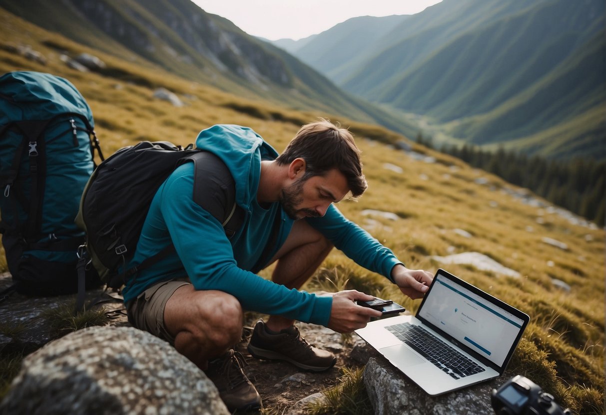 A person hiking in the mountains while checking emails on a smartphone, with a laptop and camping gear nearby