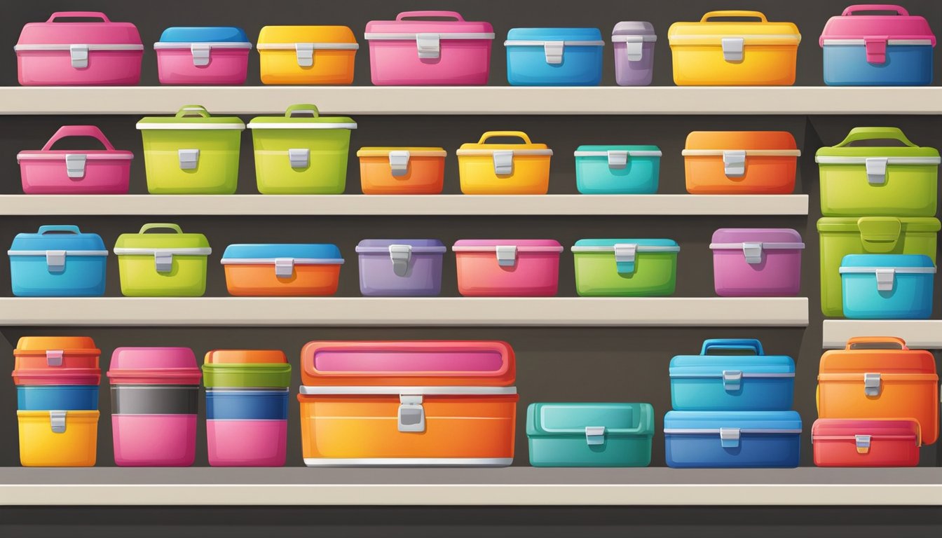 A variety of colorful lunch boxes are displayed on a shelf, with different sizes and designs to choose from. A bright spotlight highlights the array of options