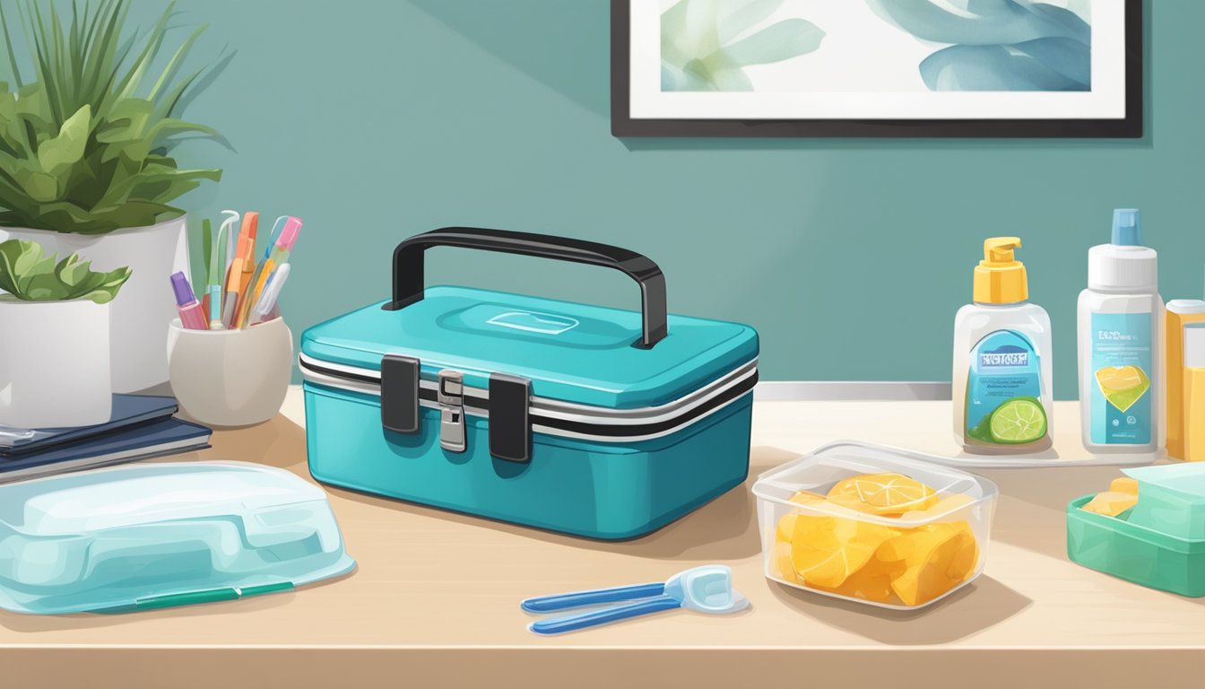 A lunch box with a secure lock sits on a clean, organized desk next to a bottle of hand sanitizer and a face mask