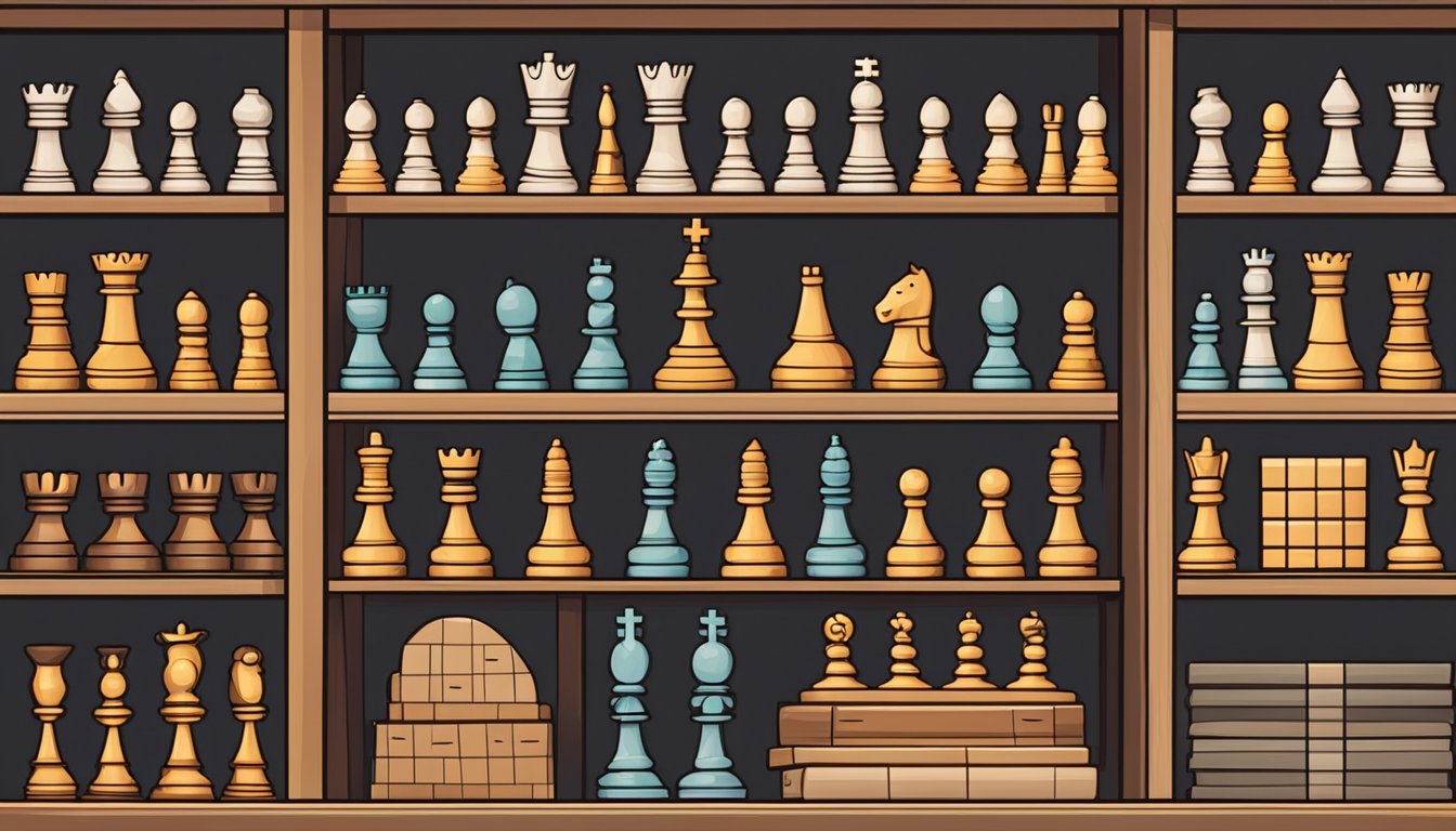 A cozy, well-lit shop in Singapore displays a variety of wooden chess sets, neatly arranged on shelves, with prices clearly marked