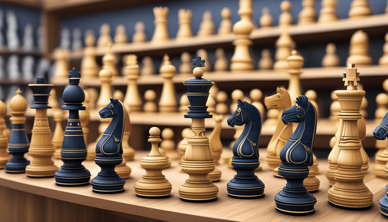 A display of exquisite wooden chess sets in a Singaporean shop, showcasing intricate designs and craftsmanship