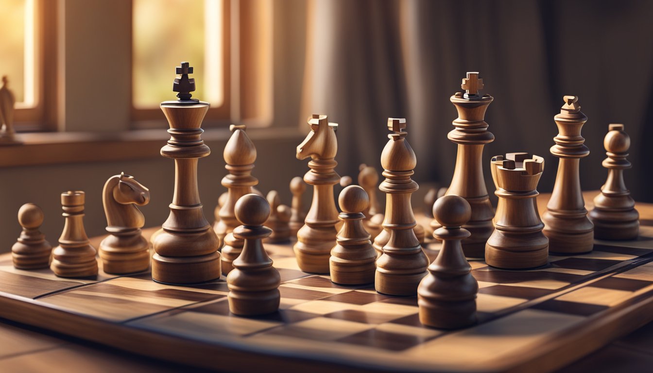 A wooden chess set is carefully arranged on a table at home, with soft lighting and a cozy atmosphere. The pieces are neatly placed, and a small container of polish sits nearby for care