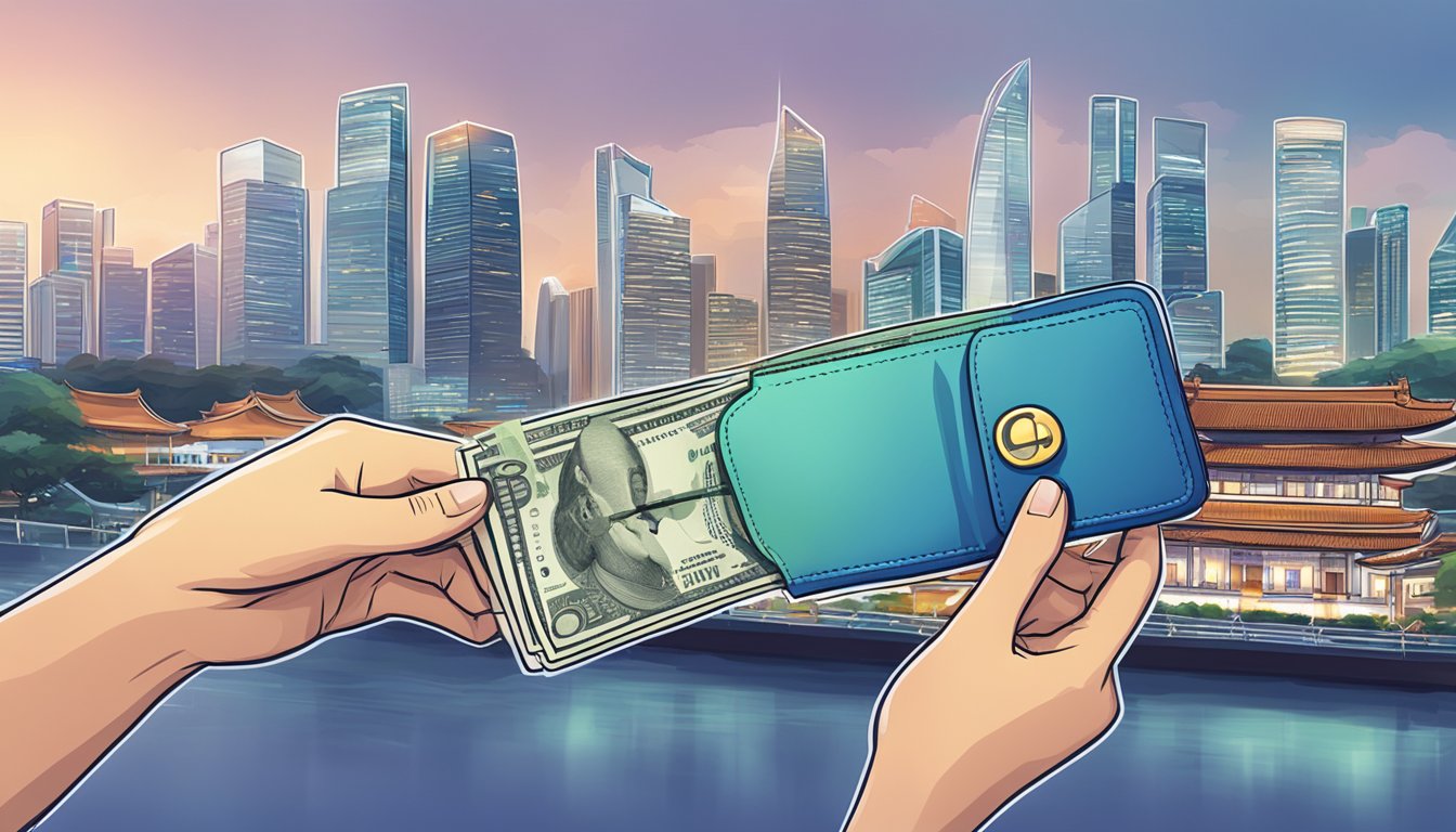 A hand placing money into a digital wallet labeled "XRP" with a Singapore skyline in the background