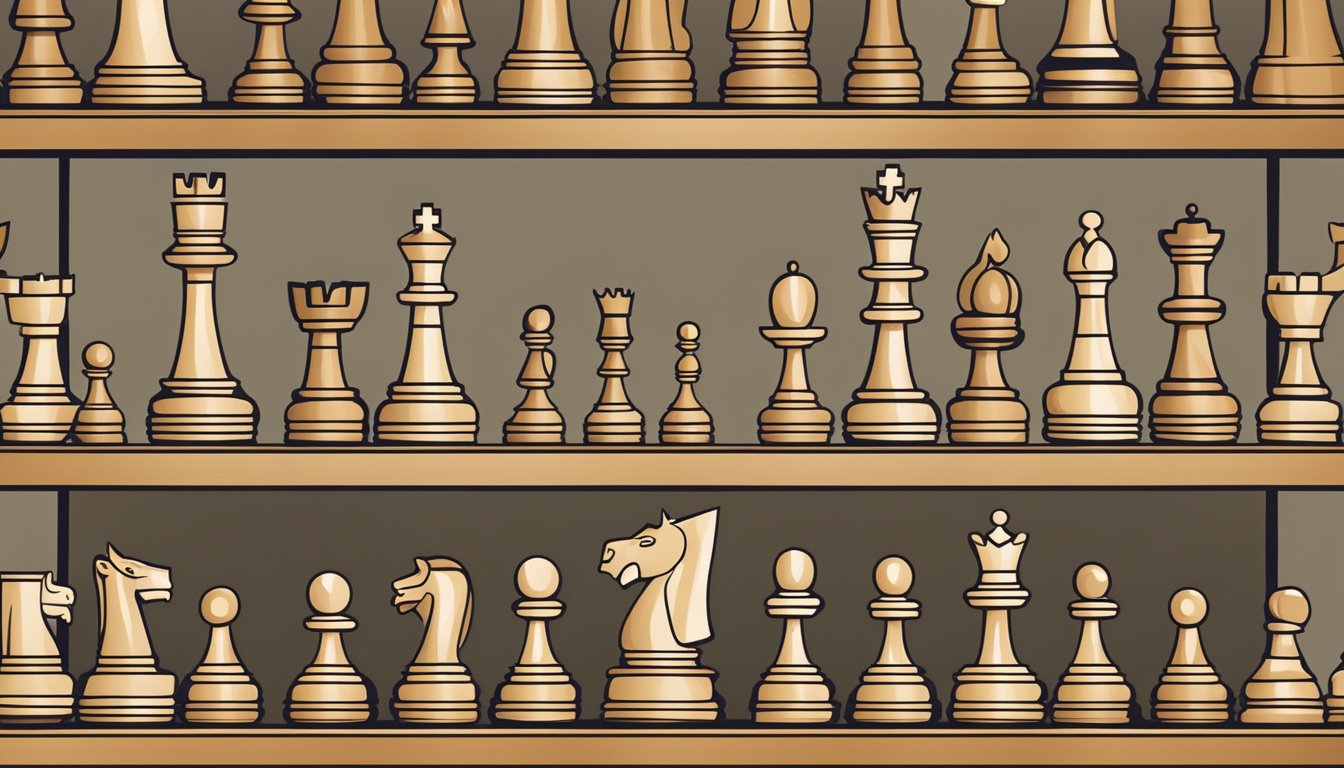 A wooden chess set displayed on a sleek, modern shelf in a well-lit store in Singapore