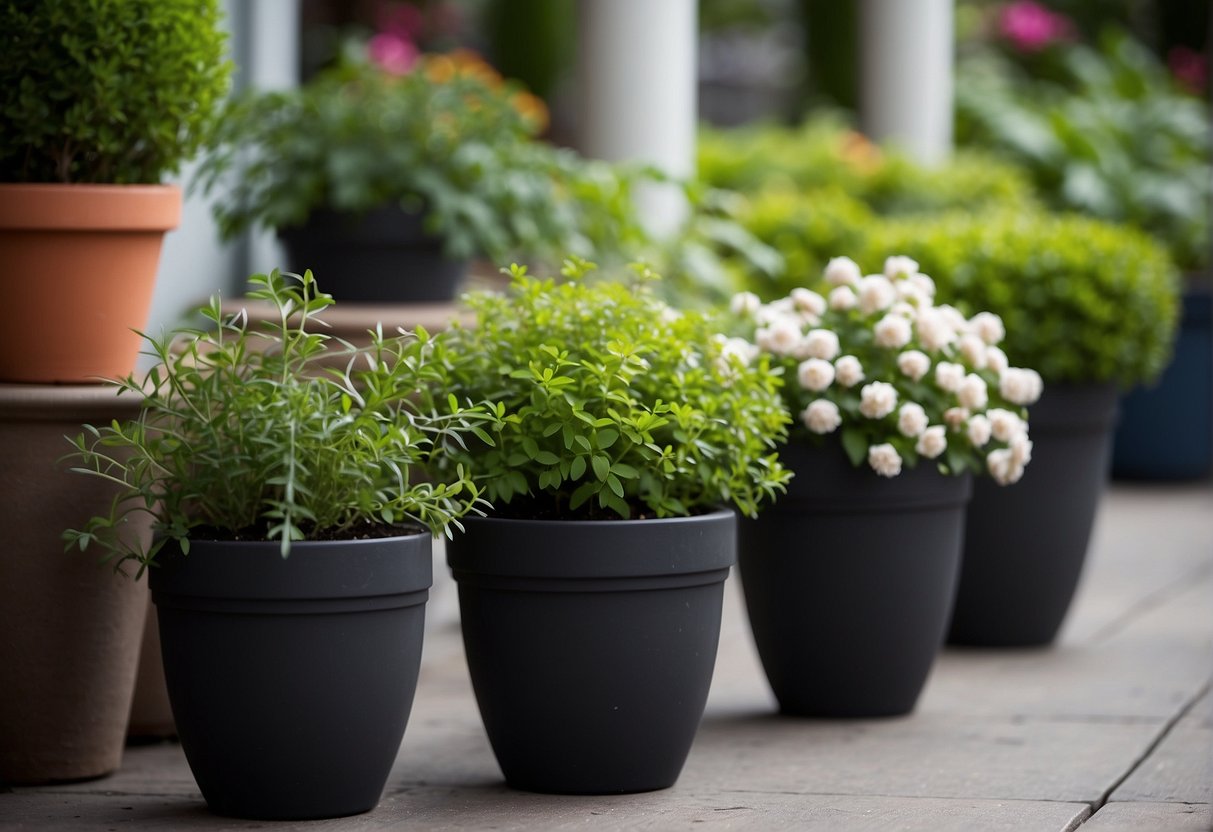 A variety of outdoor potted plants sit on a patio, showcasing their low maintenance features. Some are flowering, while others are leafy and green, creating a vibrant and lush display