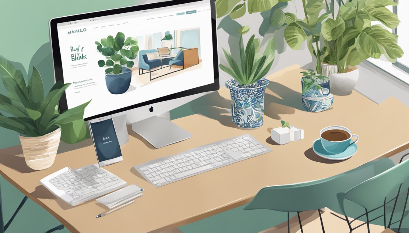A computer screen displaying a website with the words "buy Manolo Blahnik online," surrounded by a stylish desk with a laptop, coffee cup, and potted plant