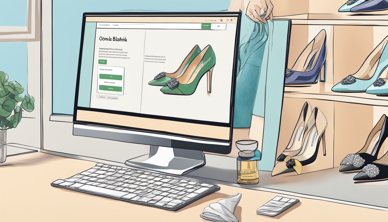 A computer screen displaying an online store with a selection of Manolo Blahnik shoes. A cursor hovers over the "Add to Cart" button