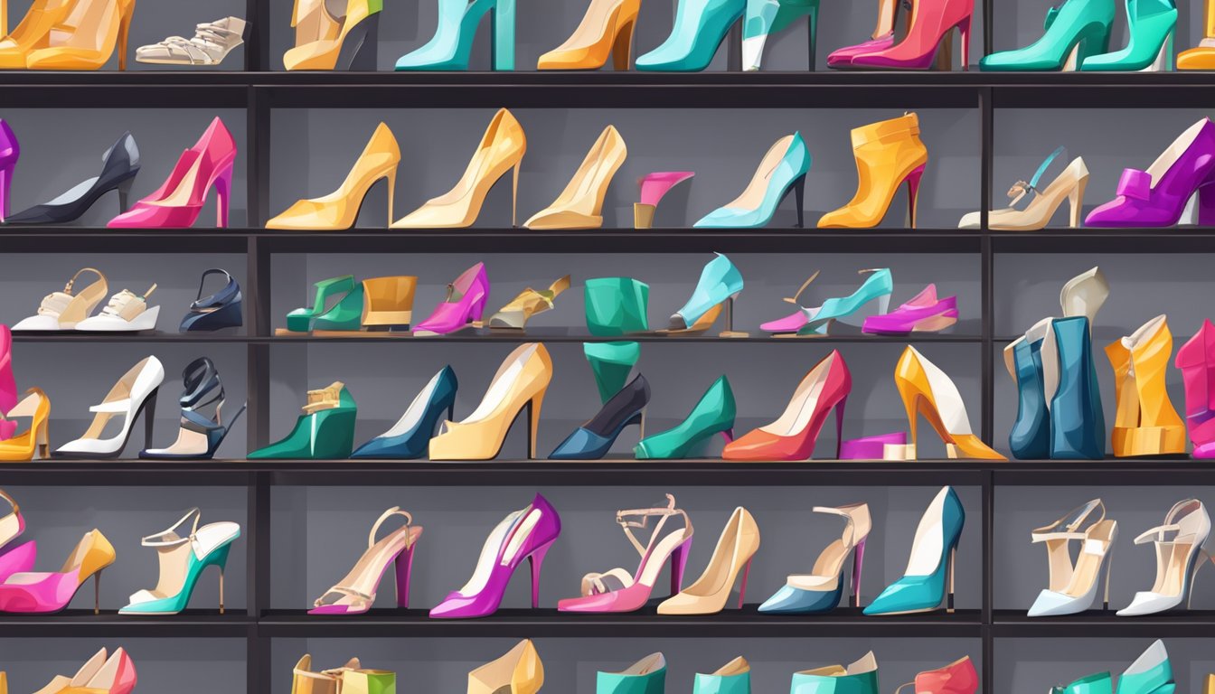 A colorful array of luxury shoes on display, with sleek shelves and elegant lighting, creating a sophisticated and inviting atmosphere for online shoppers