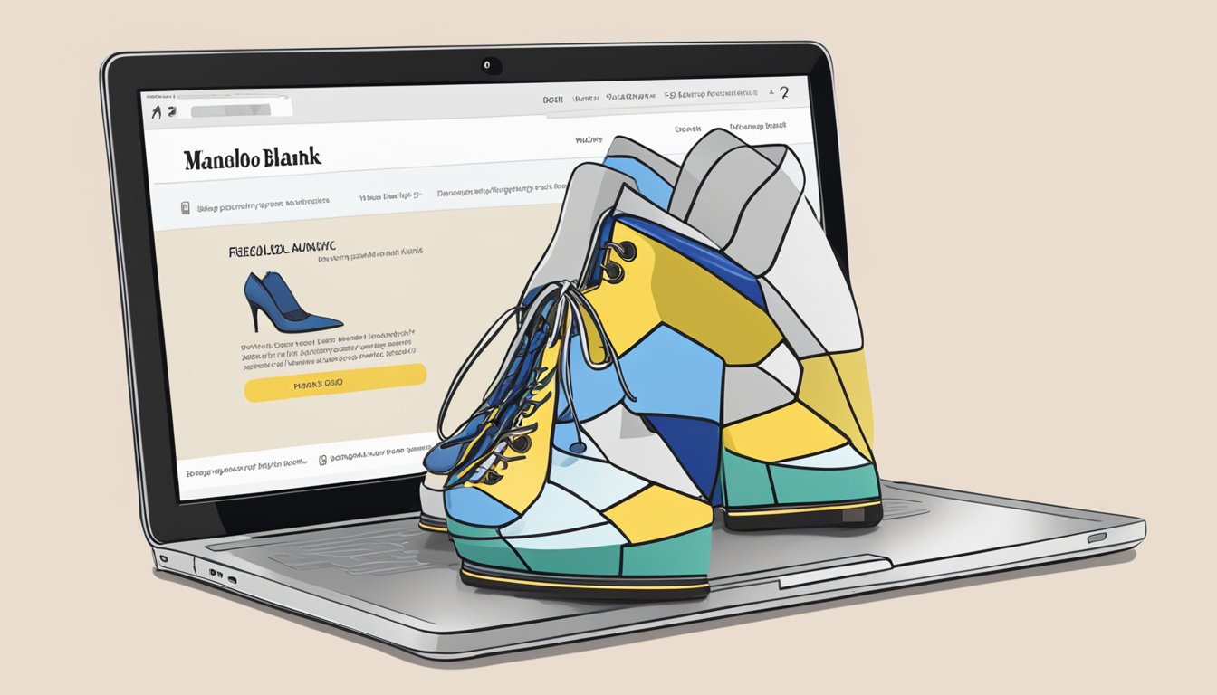 A laptop displaying a webpage with "Frequently Asked Questions buy manolo blahnik online" at the top. A pair of Manolo Blahnik shoes next to it