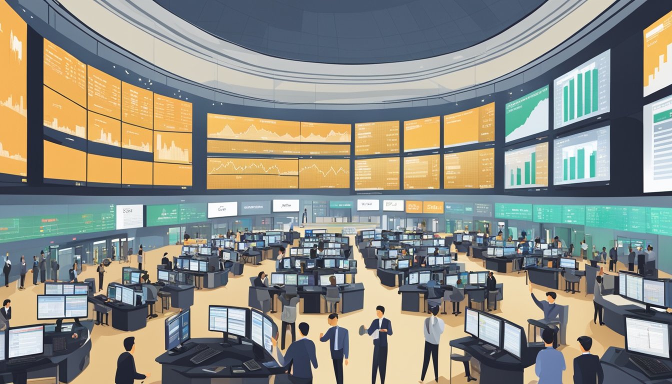 A bustling Singapore stock exchange floor with traders gesturing and screens displaying stock prices