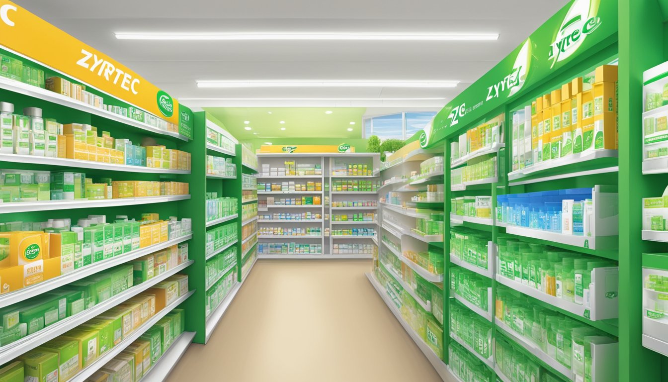 A pharmacy shelf displays Zyrtec boxes in Singapore