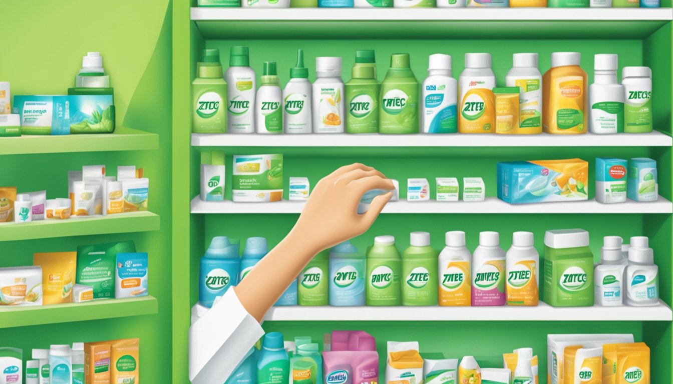 A hand reaches for a box of Zyrtec on a pharmacy shelf in Singapore, surrounded by other allergy relief products