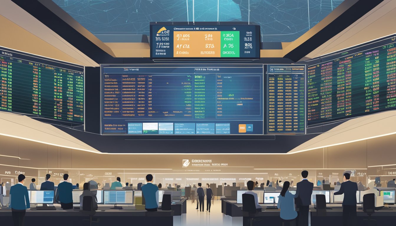 A bustling Singapore stock exchange with a display of top picks highlighted on a digital board
