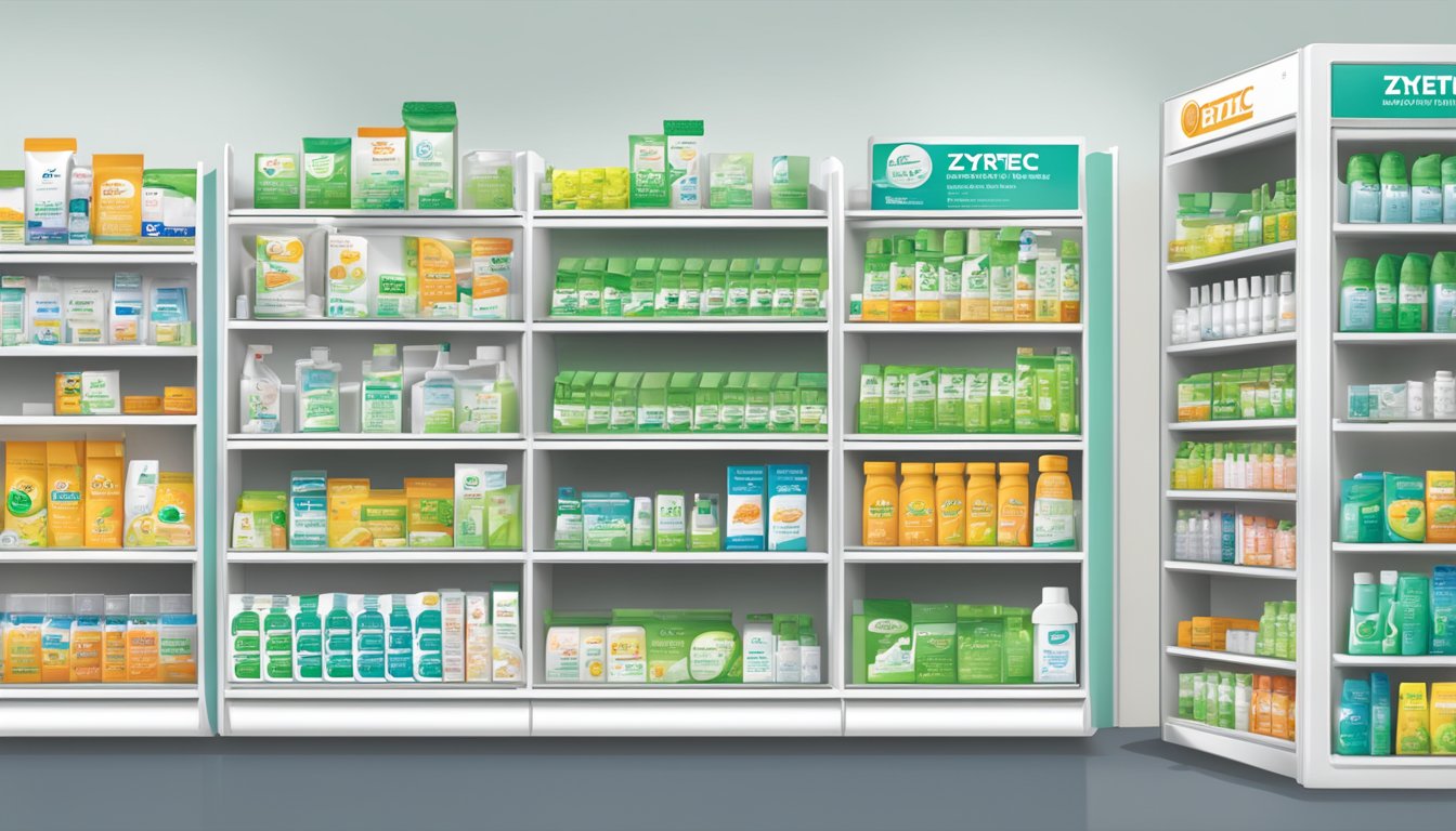 A pharmacy shelf displaying various allergy relief options, including Zyrtec, in Singapore. Bright packaging and clear labels