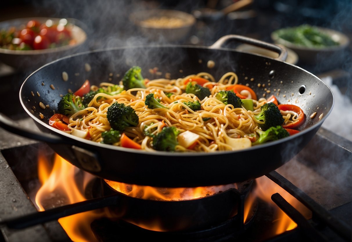 A wok sizzles with oil, as noodles and vegetables are tossed and stir-fried with savory sauces and aromatic spices