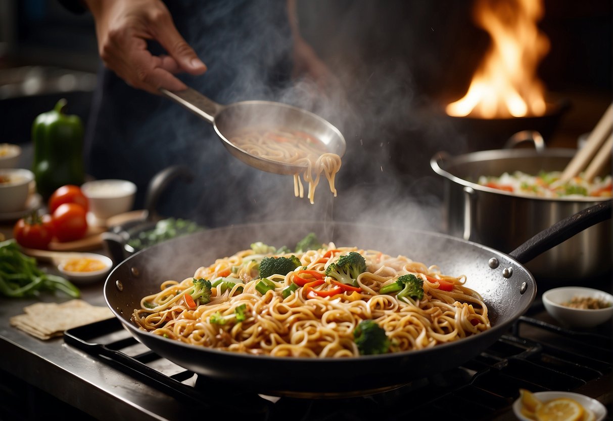 A wok sizzles with hot oil as a chef tosses in fresh noodles, vegetables, and savory sauces for Chinese-style fried noodles