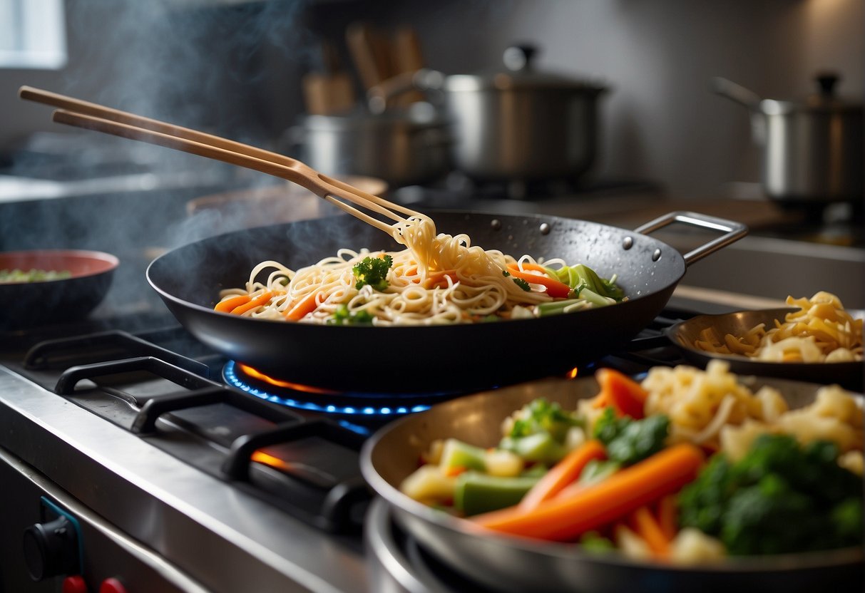 A wok sizzles with hot oil as noodles and vegetables are tossed in, filling the kitchen with the aroma of garlic and ginger