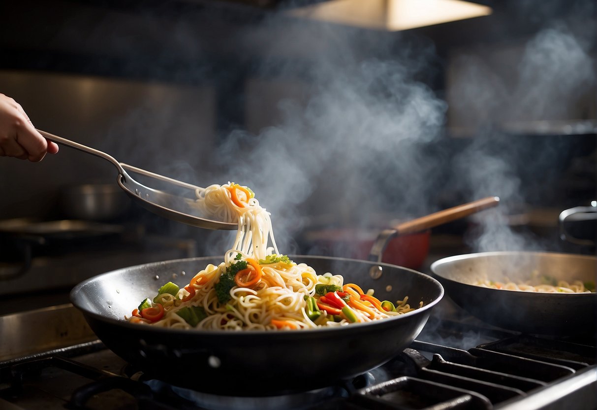 A wok sizzles with hot oil as noodles are tossed with vegetables and savory sauces, creating a fragrant cloud of steam in a bustling kitchen