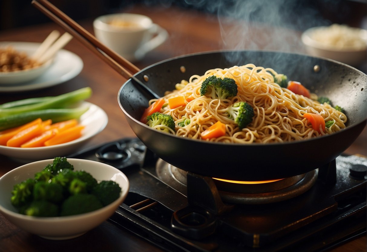 A steaming plate of Chinese-style fried noodles with a colorful array of vegetables, sizzling in a wok. A small dish of soy sauce and a pair of chopsticks sit on the side